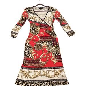 Eva Varro faux wrap sheath knee length 3/4 sleeve animal paisley print dress S